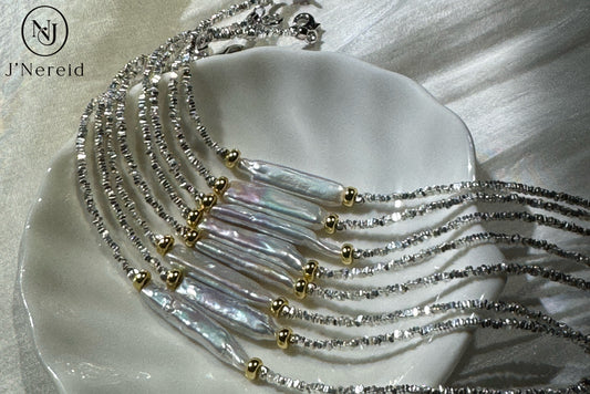 S925 Silver Sparkling Chip Bead Bracelet with Iridescent Freshwater Stick Pearl, Adjustable Fairycore Chain Bracelet for Women