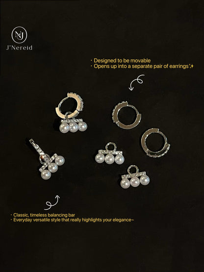 Detachable 3-Pearl Balance Huggie Hoop Earrings, 4mm Freshwater Pearls, Zircon Inlaid Alloy Convertible Earrings for Women