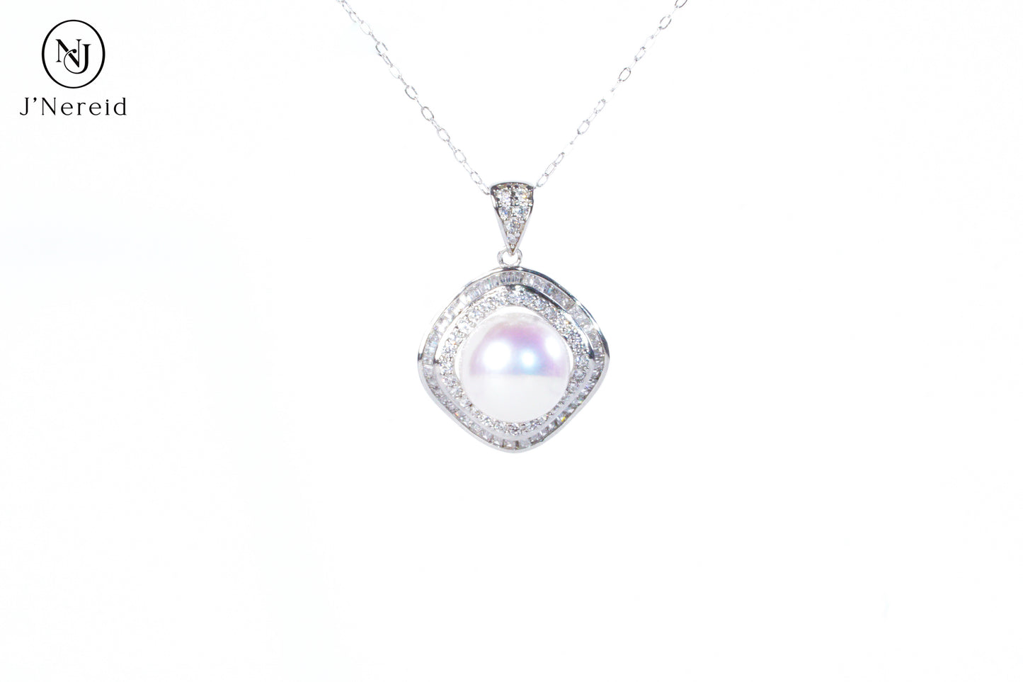5A Grade Edison Freshwater Pearl Pendant Necklace 10-11mm Perfect Round Ultra Strong Iridescent Luster Square Double Halo S925 Sterling Silver Exquisite Craft Setting（Pearl Variation）