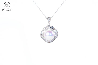 5A Grade Edison Freshwater Pearl Pendant Necklace 10-11mm Perfect Round Ultra Strong Iridescent Luster Square Double Halo S925 Sterling Silver Exquisite Craft Setting（Pearl Variation）