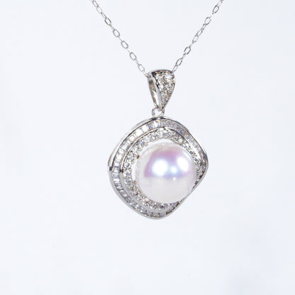 5A Grade Edison Freshwater Pearl Pendant Necklace 10-11mm Perfect Round Ultra Strong Iridescent Luster Square Double Halo S925 Sterling Silver Exquisite Craft Setting（Pearl Variation）