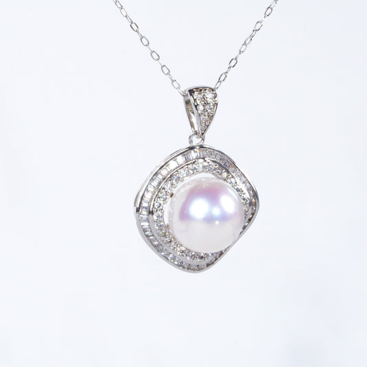 5A Grade Edison Freshwater Pearl Pendant Necklace 10-11mm Perfect Round Ultra Strong Iridescent Luster Square Double Halo S925 Sterling Silver Exquisite Craft Setting（Pearl Variation）