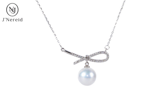 Delicate Bow Knot Pearl Pendant Necklace | Premium 10-11mm Aurora Freshwater Pearl, S925 Silver & Cubic Zirconia
