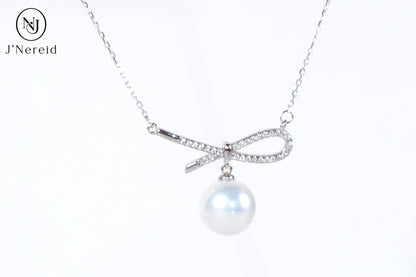 Delicate Bow Knot Pearl Pendant Necklace | Premium 10-11mm Aurora Freshwater Pearl, S925 Silver & Cubic Zirconia