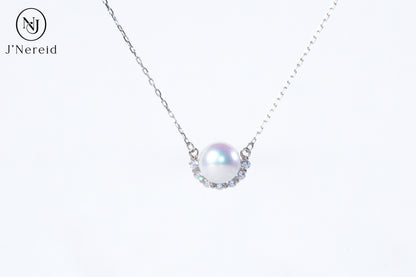 Aurora Freshwater Pearl Half-Halo Necklace, 8-9mm Lustrous Pearl, S925 Silver with Cubic Zirconia Accents