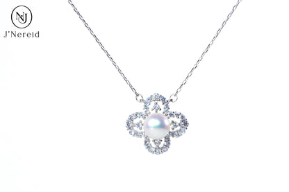 Elegant Four-Leaf Clover Aurora Pearl Necklace, 7-8mm High-Luster Freshwater Pearl, S925 Silver with Sparkling CZ