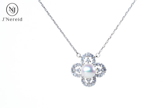 Elegant Four-Leaf Clover Aurora Pearl Necklace, 7-8mm High-Luster Freshwater Pearl, S925 Silver with Sparkling CZ