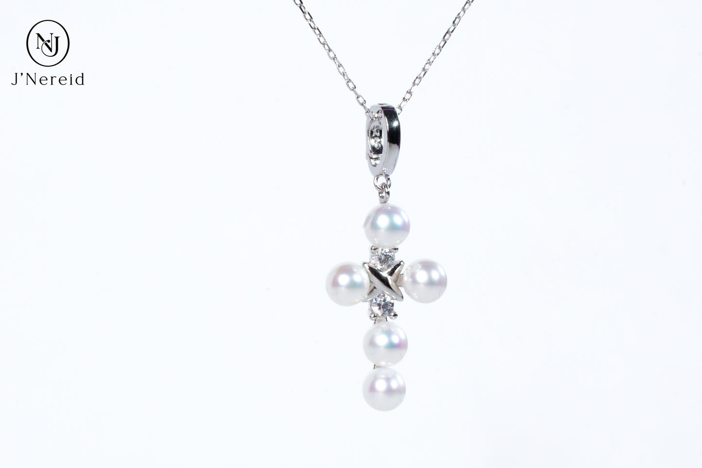 Aurora Freshwater Pearl Cross Pendant Necklace, 5-5.5mm Lustrous Pearls, S925 Sterling Silver with CZ Accents