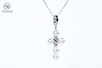 Aurora Freshwater Pearl Cross Pendant Necklace, 5-5.5mm Lustrous Pearls, S925 Sterling Silver with CZ Accents