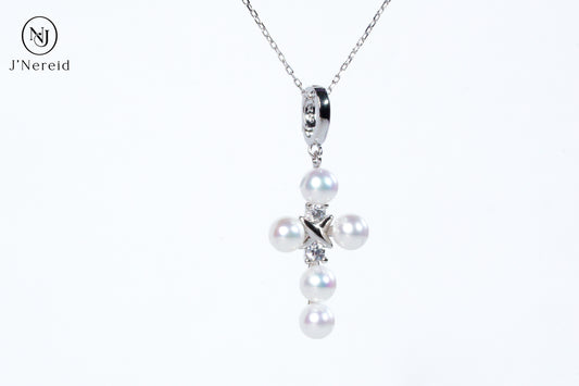 Aurora Freshwater Pearl Cross Pendant Necklace, 5-5.5mm Lustrous Pearls, S925 Sterling Silver with CZ Accents