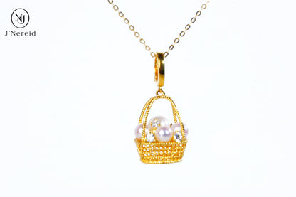 Whimsical Woven Basket Aurora Freshwater Pearl Pendant Necklace, 4-6mm High-Luster Pearls, S925 Silver with Sparkling CZ, Available in Gold or Silver