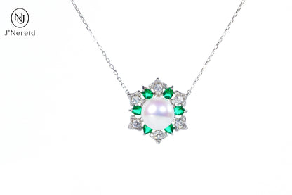 Opulent Emerald & Diamond-Style Halo Aurora Edison Pearl Pendant Necklace, 10-10.5mm High-Luster Pearl, S925 Silver with Sparkling CZ(Pearl Variation)