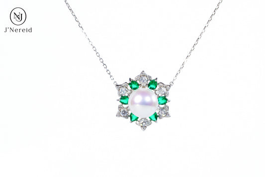 Opulent Emerald & Diamond-Style Halo Aurora Edison Pearl Pendant Necklace, 10-10.5mm High-Luster Pearl, S925 Silver with Sparkling CZ(Pearl Variation)