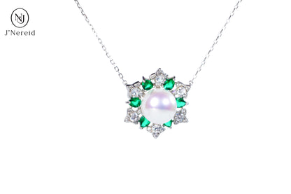Opulent Emerald & Diamond-Style Halo Aurora Edison Pearl Pendant Necklace, 10-10.5mm High-Luster Pearl, S925 Silver with Sparkling CZ(Pearl Variation)