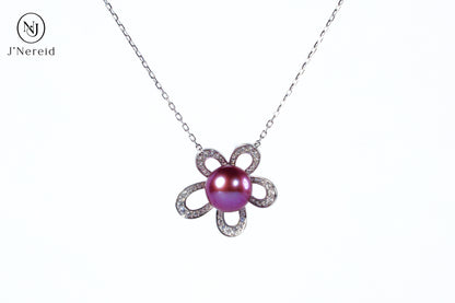 Vibrant Deep Purple Edison Aurora Pearl Flower Pendant Necklace, 8-9mm High-Luster Pearl, S925 Silver with Sparkling CZ（Pearl Variation)