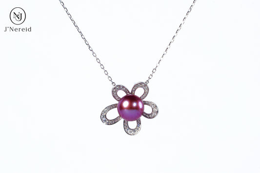 Vibrant Deep Purple Edison Aurora Pearl Flower Pendant Necklace, 8-9mm High-Luster Pearl, S925 Silver with Sparkling CZ（Pearl Variation)