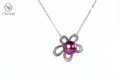 Vibrant Deep Purple Edison Aurora Pearl Flower Pendant Necklace, 8-9mm High-Luster Pearl, S925 Silver with Sparkling CZ（Pearl Variation)