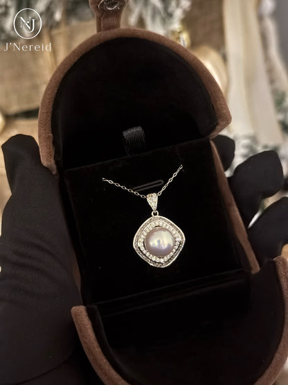 5A Grade Edison Freshwater Pearl Pendant Necklace 10-11mm Perfect Round Ultra Strong Iridescent Luster Square Double Halo S925 Sterling Silver Exquisite Craft Setting（Pearl Variation）