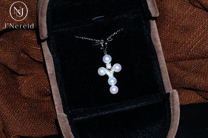 Aurora Freshwater Pearl Cross Pendant Necklace, 5-5.5mm Lustrous Pearls, S925 Sterling Silver with CZ Accents