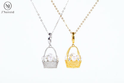 Whimsical Woven Basket Aurora Freshwater Pearl Pendant Necklace, 4-6mm High-Luster Pearls, S925 Silver with Sparkling CZ, Available in Gold or Silver