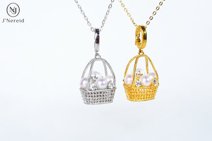 Whimsical Woven Basket Aurora Freshwater Pearl Pendant Necklace, 4-6mm High-Luster Pearls, S925 Silver with Sparkling CZ, Available in Gold or Silver