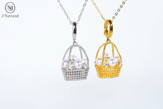 Whimsical Woven Basket Aurora Freshwater Pearl Pendant Necklace, 4-6mm High-Luster Pearls, S925 Silver with Sparkling CZ, Available in Gold or Silver