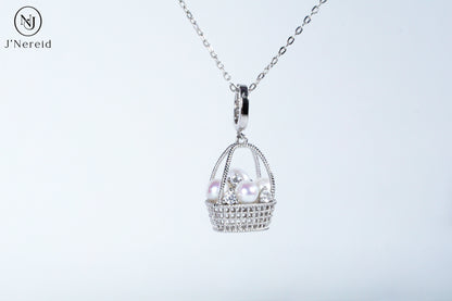Whimsical Woven Basket Aurora Freshwater Pearl Pendant Necklace, 4-6mm High-Luster Pearls, S925 Silver with Sparkling CZ, Available in Gold or Silver