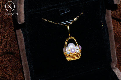 Whimsical Woven Basket Aurora Freshwater Pearl Pendant Necklace, 4-6mm High-Luster Pearls, S925 Silver with Sparkling CZ, Available in Gold or Silver