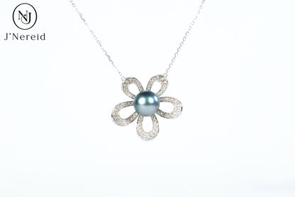 10‑11mm Sunny Sea Blue Tahitian Pearl Five‑Petal Flower Necklace, S925 Sterling Silver Cubic Zirconia Floral Pendant Jewelry for Women（Pearl Variation)
