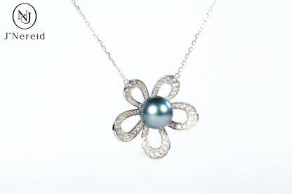 10‑11mm Sunny Sea Blue Tahitian Pearl Five‑Petal Flower Necklace, S925 Sterling Silver Cubic Zirconia Floral Pendant Jewelry for Women（Pearl Variation)