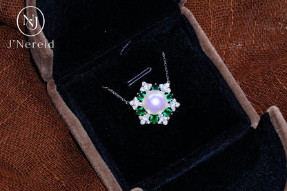 Opulent Emerald & Diamond-Style Halo Aurora Edison Pearl Pendant Necklace, 10-10.5mm High-Luster Pearl, S925 Silver with Sparkling CZ(Pearl Variation)