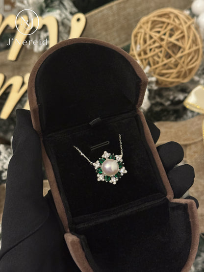 Opulent Emerald & Diamond-Style Halo Aurora Edison Pearl Pendant Necklace, 10-10.5mm High-Luster Pearl, S925 Silver with Sparkling CZ(Pearl Variation)