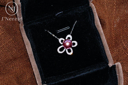 Vibrant Deep Purple Edison Aurora Pearl Flower Pendant Necklace, 8-9mm High-Luster Pearl, S925 Silver with Sparkling CZ（Pearl Variation)