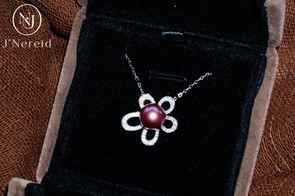 Vibrant Deep Purple Edison Aurora Pearl Flower Pendant Necklace, 8-9mm High-Luster Pearl, S925 Silver with Sparkling CZ（Pearl Variation)