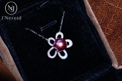 Vibrant Deep Purple Edison Aurora Pearl Flower Pendant Necklace, 8-9mm High-Luster Pearl, S925 Silver with Sparkling CZ（Pearl Variation)