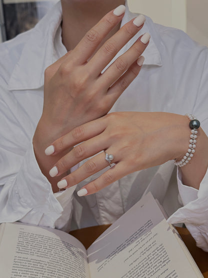 Japanese Madama Tone Akoya Pearl Ring 6-7mm Cool Silver Blue Grey Akoya Pearl S925 Sterling Silver Paved Zircon Dainty Stackable Fine Jewelry Gift for Women（Pearl Variation）