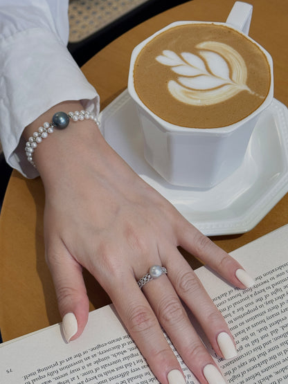 Madama Tone Japanese Akoya Pearl Ring 7-8mm Cool Silver Grey Akoya Pearl S925 Sterling Silver Open Hollow Lace Band Zircon Inlaid Vintage Stackable Fine Jewelry for Women(Pearl Variation)