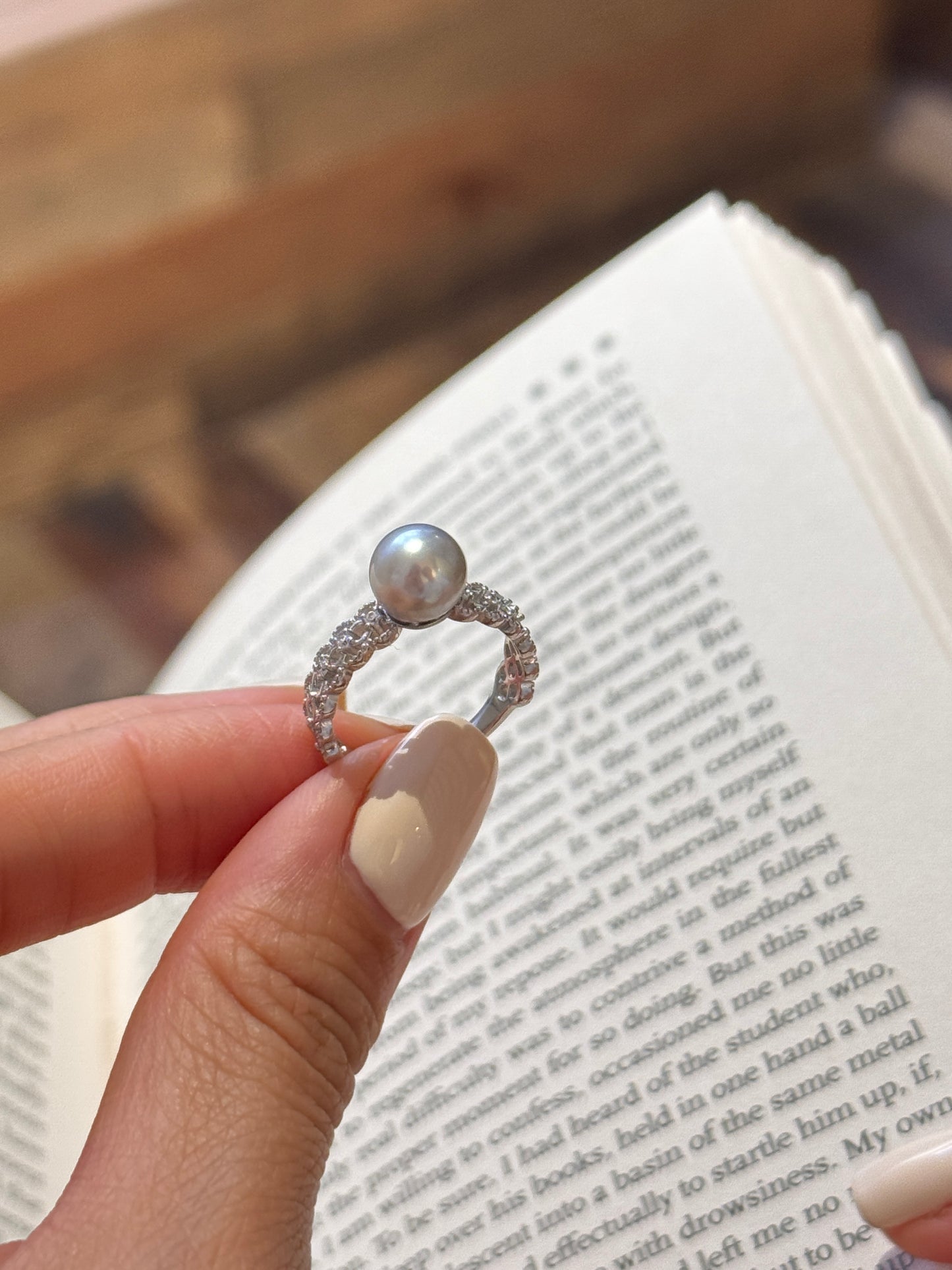 Madama Tone Japanese Akoya Pearl Ring 7-8mm Cool Silver Grey Akoya Pearl S925 Sterling Silver Open Hollow Lace Band Zircon Inlaid Vintage Stackable Fine Jewelry for Women(Pearl Variation)