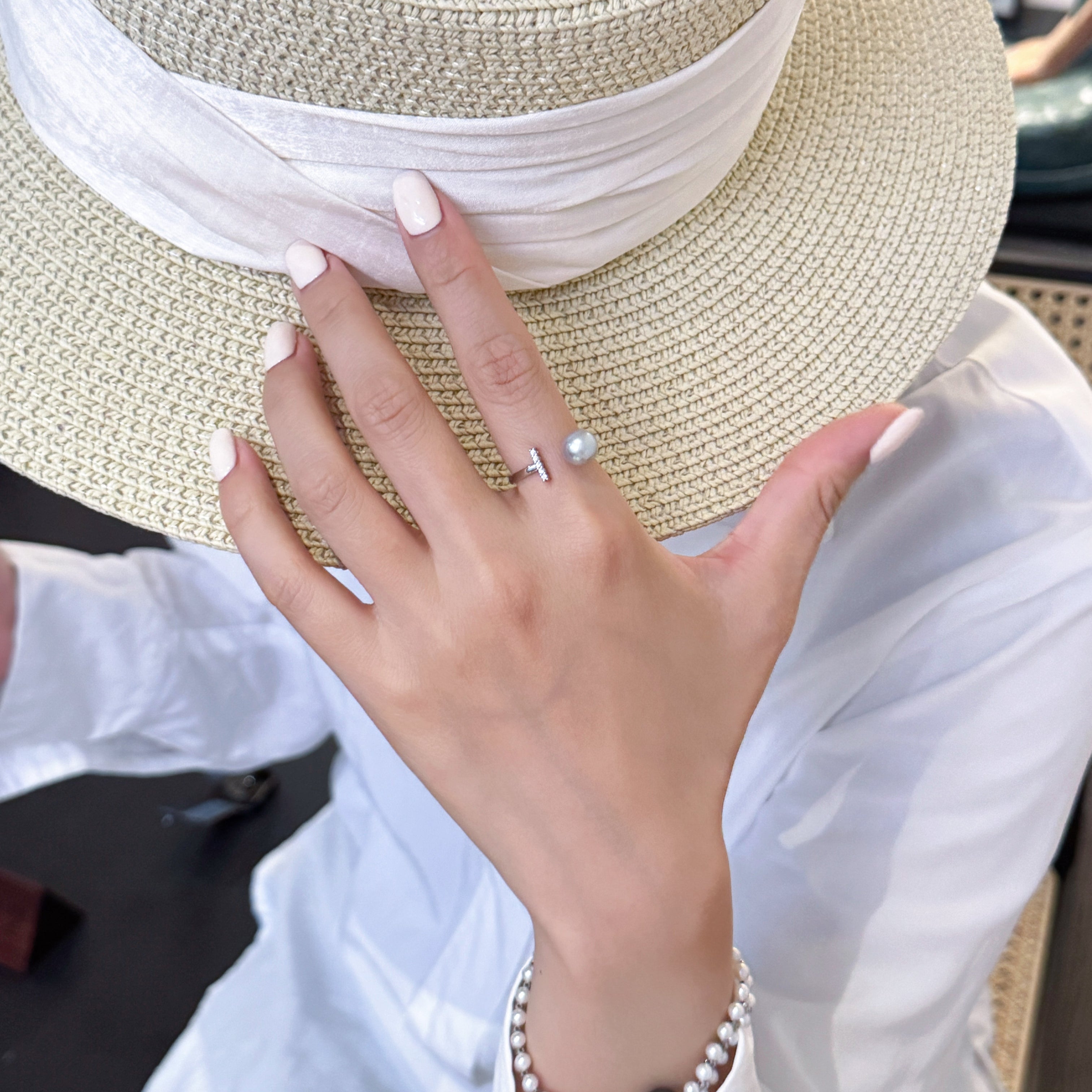 Madama Tone Japanese Akoya Pearl Ring 7-8mm Cool Silver Grey Akoya Pearl S925 Sterling Silver Split Shank Paved Zircon Dainty Stackable Fine Jewelry Gift for Women(Pearl Variation)