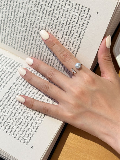 Madama Tone Japanese Akoya Pearl Ring 7-8mm Cool Silver Grey Akoya Pearl S925 Sterling Silver Split Shank Paved Zircon Dainty Stackable Fine Jewelry Gift for Women(Pearl Variation)