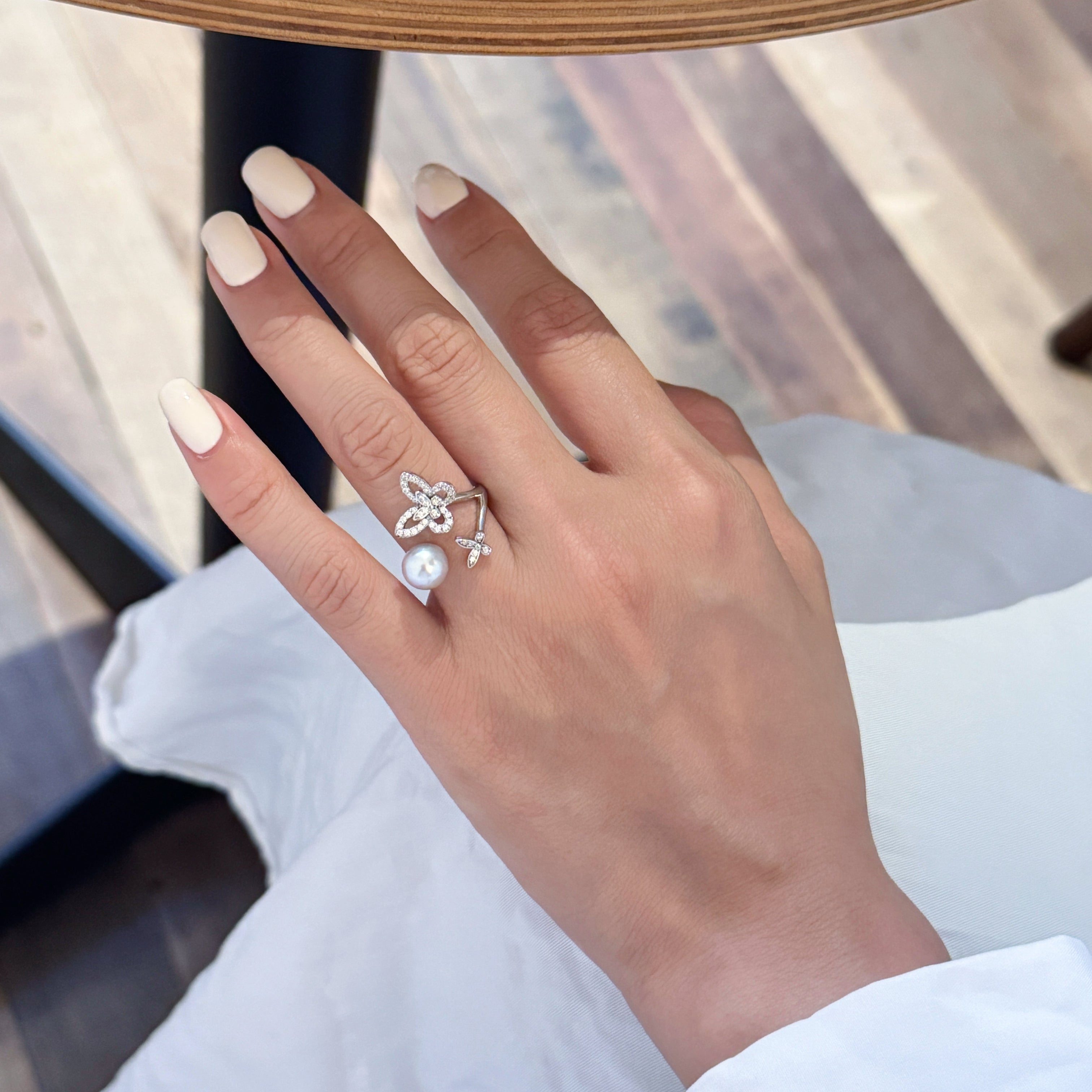 Madama Tone Japanese Akoya Pearl Ring 7-8mm Silver Grey Akoya Pearl S925 Sterling Silver Open Cuff Butterfly Zircon Adjustable Stackable Fine Jewelry Gift for Women（Pearl Variation)