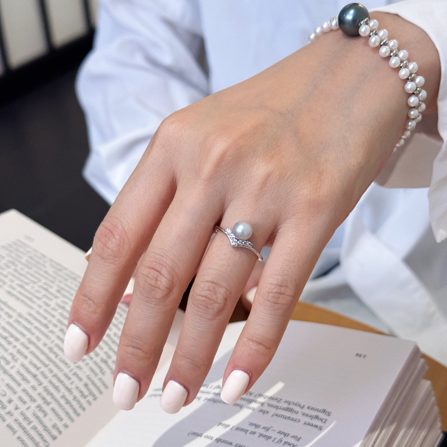 Japanese Madama Tone Akoya Pearl Ring 6-7mm Cool Silver Blue Grey Akoya Pearl S925 Sterling Silver Paved Zircon Dainty Stackable Fine Jewelry Gift for Women（Pearl Variation）