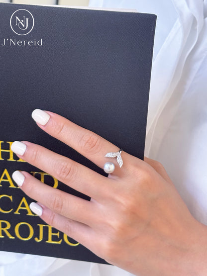 Madama Tone Japanese Akoya Pearl Ring 7-8mm Silver Grey Akoya Pearl S925 Sterling Silver Full Zircon Mermaid Tail Open Adjustable Stackable Fine Jewelry Gift for Women（Pearl Variation）