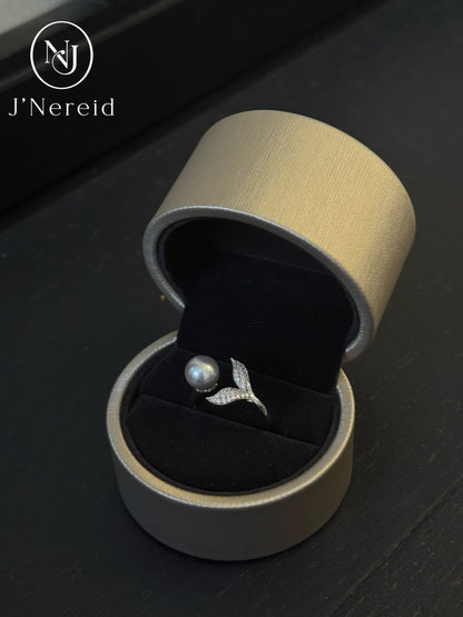 Madama Tone Japanese Akoya Pearl Ring 7-8mm Silver Grey Akoya Pearl S925 Sterling Silver Full Zircon Mermaid Tail Open Adjustable Stackable Fine Jewelry Gift for Women（Pearl Variation）