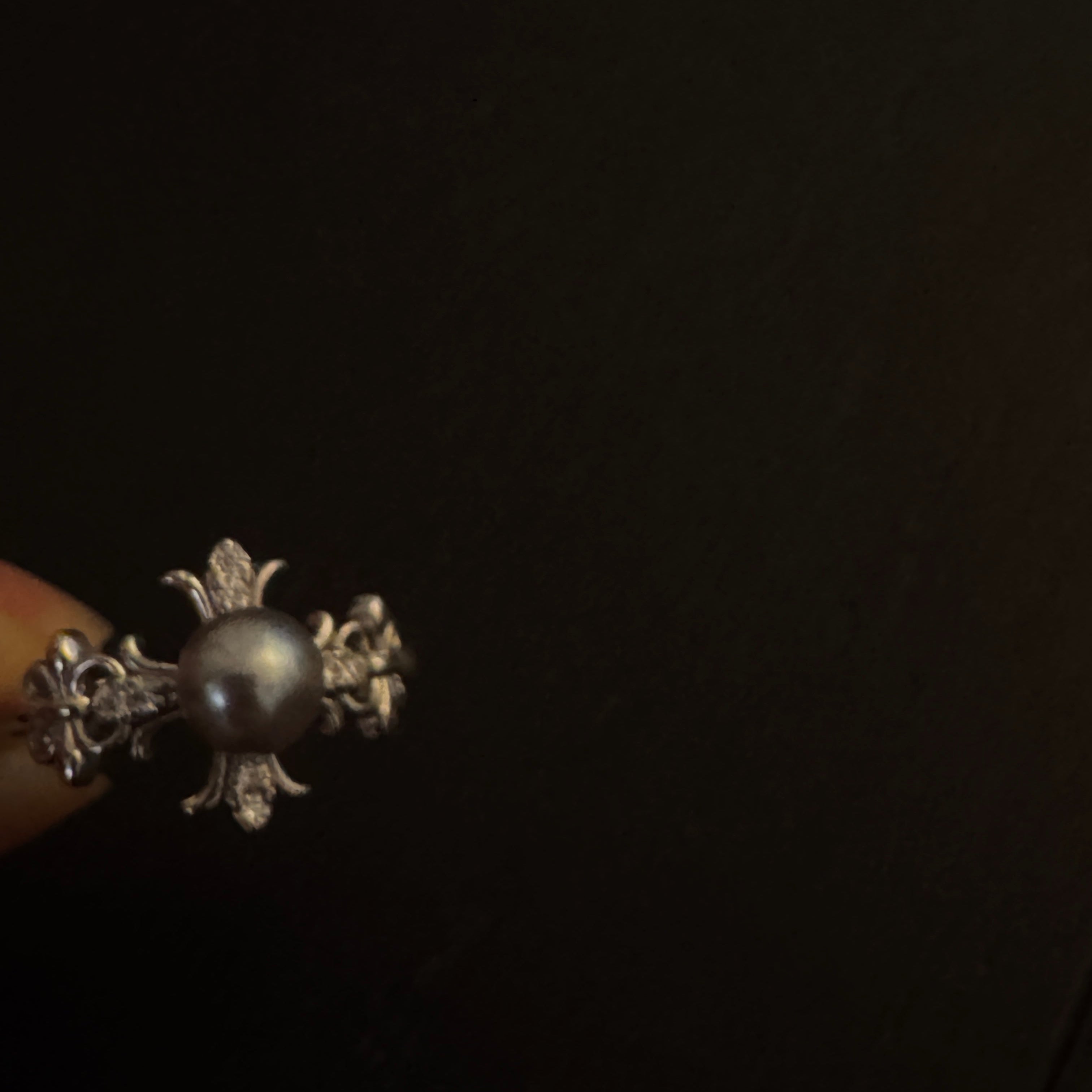 Madama Tone Japanese Akoya Pearl Ring 6-7mm Silver Grey Akoya Pearl S925 Sterling Silver Vintage Floral Paved Zircon Dainty Stackable Fine Jewelry Gift for Women（Pearl Variation）