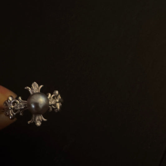 Madama Tone Japanese Akoya Pearl Ring 6-7mm Silver Grey Akoya Pearl S925 Sterling Silver Vintage Floral Paved Zircon Dainty Stackable Fine Jewelry Gift for Women（Pearl Variation）