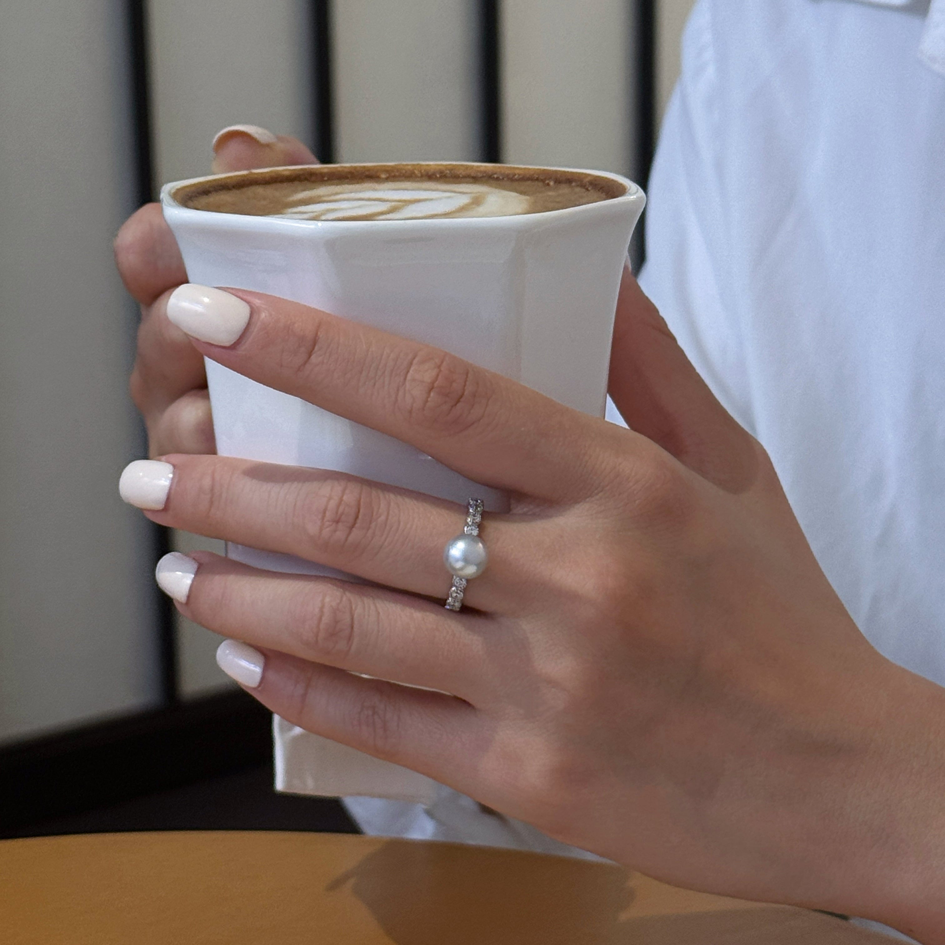 Madama Tone Japanese Akoya Pearl Ring 7-8mm Silver Grey Akoya Pearl S925 Sterling Silver Dual Side Paved Zircon Half Eternity Timeless Stackable Fine Jewelry Gift for Women（Pearl Variation）