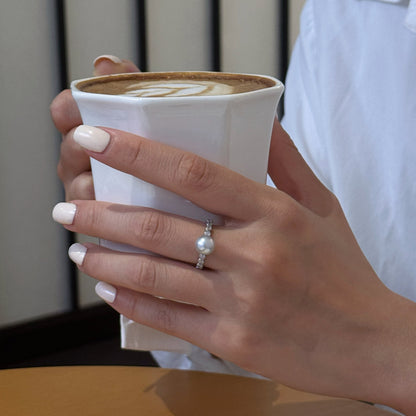 Madama Tone Japanese Akoya Pearl Ring 7-8mm Silver Grey Akoya Pearl S925 Sterling Silver Dual Side Paved Zircon Half Eternity Timeless Stackable Fine Jewelry Gift for Women（Pearl Variation）