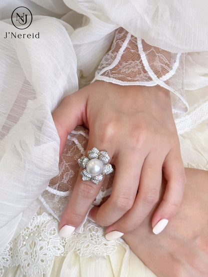 Premium Australian South Sea White Pearl Floral Statement Ring | 12-13mm Natural High Luster Australian Pearl, Heavy Solid S925 Sterling Silver Pave Zircon Cocktail Ring Luxury Fine Jewelry for Women Gift（Pearl Variation）