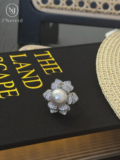 Premium Australian South Sea White Pearl Floral Statement Ring | 12-13mm Natural High Luster Australian Pearl, Heavy Solid S925 Sterling Silver Pave Zircon Cocktail Ring Luxury Fine Jewelry for Women Gift（Pearl Variation）